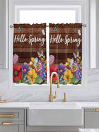 Spring Flowers Kitchen Curtains 54 Inches Length, Watercolor Farmhouse Colorful Wooden Grain Window Treatment Curtain Drapes, Decorative Window Curtains for Bedroom Cafe, 52"x54", 2 Panels