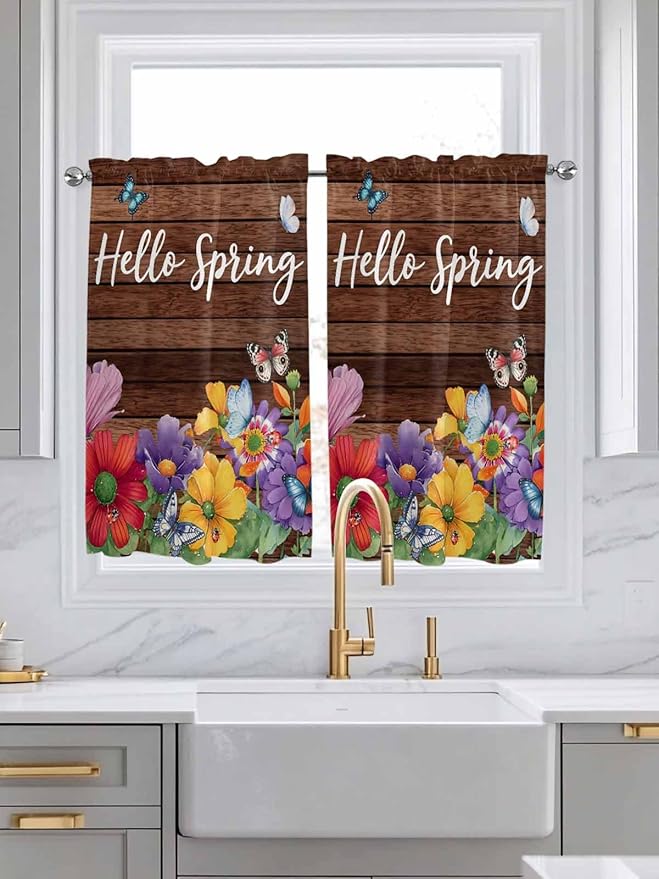 Spring Flowers Kitchen Curtains 45 Inches length, Watercolor Farmhouse Colorful Wooden Grain Window Treatment Curtain Drapes, Lightweight Window Panels for Living Room Bedroom, 52"x45", 2 Panels