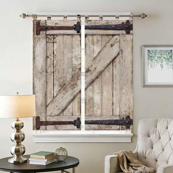 Farmhouse Wood Grain Living Room Curtains 84 Inch Length, Window Curtains Tab Top, Vintage Country Barn Gate Brown Light Filtering Window Treatments Drapes 42"x84" 2 Panel
