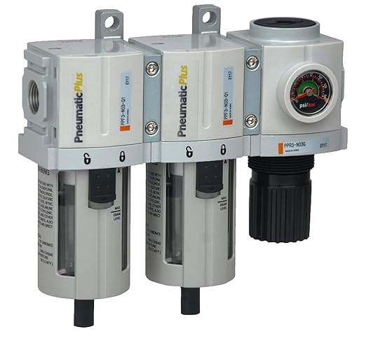 PneumaticPlus PPC3C-N02G Compressed Air Drying System- Particulate Air Filter, Coalescing Filter & Air Pressure Regulator Combo 1/4" NPT (High Flow), Poly Bowl with Guard, Manual Drain