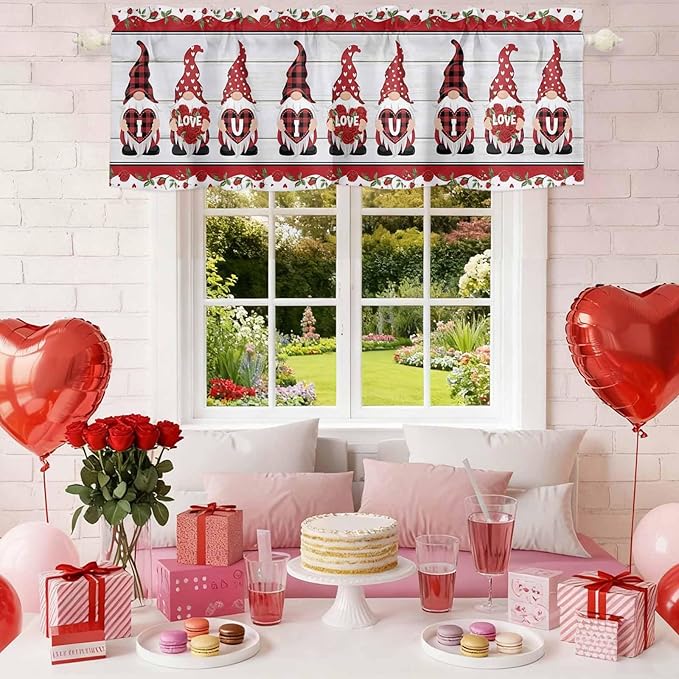 I Love U Valance Curtains for Kitchen, Valentine's Day Dwarf Romantic Wood Grain Privacy Rod Pocket Valance Curtain, Light-Filtering Window Treatment for Bedroom Bathroom, 42"x12"