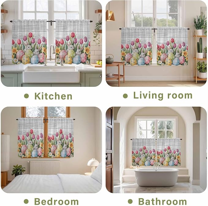 Easter Kitchen Curtains 54 Inch Long 2 Panel Set, Rod Pocket Window Curtains Panels, Retro Spring Bunny Eggs Tulip Farm Wooden Grain Light Filtering Drapery Draperies for Bathroom Bedroom 52"W x 54"L