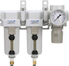 PneumaticPlus SAU430-N06DG-MEP Three Stage Air Drying System Particulate Air Filter, Coalescing Filter, Air Pressure Regulator Combo 3/4" NPT - Metal Bowl, Auto Drain, Bracket, Gauge