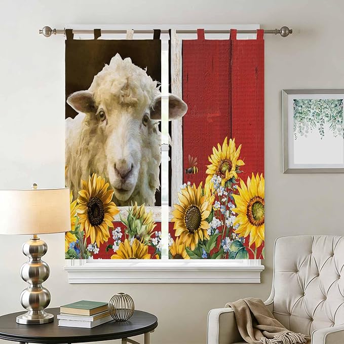 Sheep Flowers Living Room Curtains 84 Inch Length, Window Curtains Tab Top, Country Red Barn Botanical Sunflowers Light Filtering Window Treatments Drapes 42"x84" 2 Panel