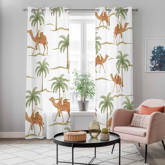 2 Panel Kitchen Cafe Curtains, Desert Camels Sunlight Filtering Nature Air Through, Home Decor Window Covering Tier Curtains for Bedroom Living Room 104W x 90L inch Tropical Date Palm Trees Animal