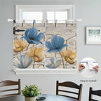 Blue Yellow Tulips Kitchen Curtains 45 Inch Length, Short Cafe Window Curtains Tab Top, Retro Farmhouse Flower Barn Doors Wooden Light Filtering Window Treatments Tier Drapes 27.5"x45" 2 Panel