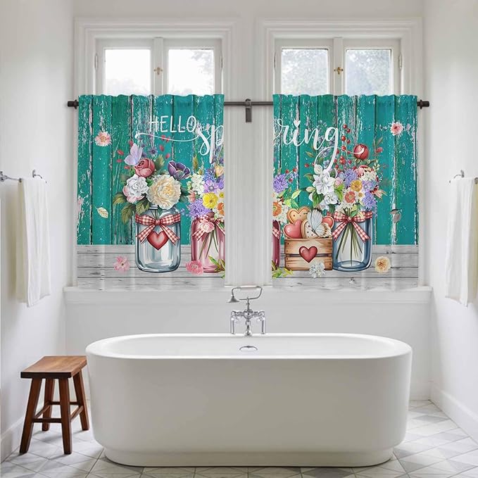 Spring Flowers Kitchen Curtains, Farmhouse Watercolor Teal Wood Grain Light Filtering Window Curtain Panels, 2Pcs Rod Pocket Window Treatments Set for RV Dining Room Study Room 42x54 Inches