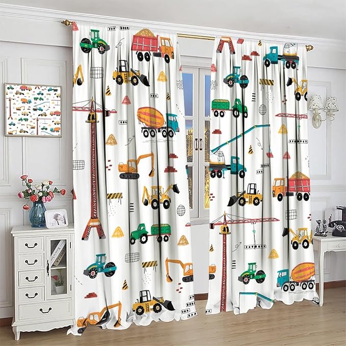Construction Window Curtains, Kids Cartoon Construction Machines Building Hand Drawn Doodle Rod Pocket Decorative Windows Curtain for Children Teens Room Decor 42x63in (30% Blackout)