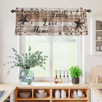 Kitchen Curtains Tiers and Valance Set of 3, Rustic Star Brown Light Filtering Window Curtain Set, Vintage Plants Berry Wooden Grain Rod Pocket Curtain Drapes for Cafe, Living Room, 24 Inches Tiers