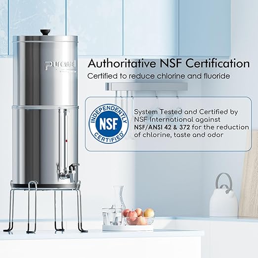 Purewell 3-Stage Gravity Fed Water Filter System, 2.25 Gallon Stainless Steel Countertop System with 2 Washable Ceramic Filters, Metal Water Level Spigot and Stand, Reduce up to 99% Chlorine, PW-OBT-K