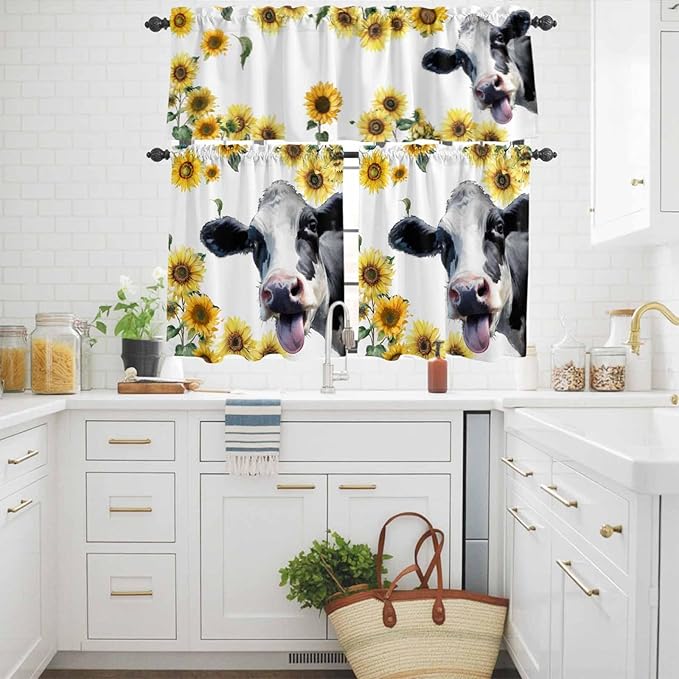 Kitchen Curtains Tiers and Valance Set of 3, Cow Sunflowers Light Filtering Window Curtain Set, Spring Botanical Floral Flowers Animals Rod Pocket Curtain Drapes for Cafe, Living Room, 36 Inches Tiers