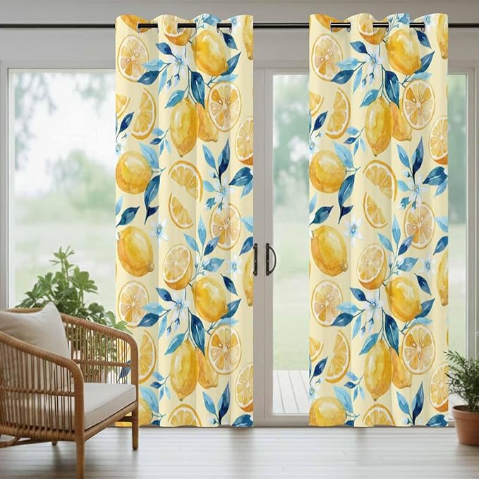 Lemon Outdoor Curtains for Patio Lemon Leaves Summer Plants Begin Waterproof Outside Curtains with Grommet Top Weatherproof Curtain for Cabana Pergola Gazebo, 2 Pack, 54" W x 84" L