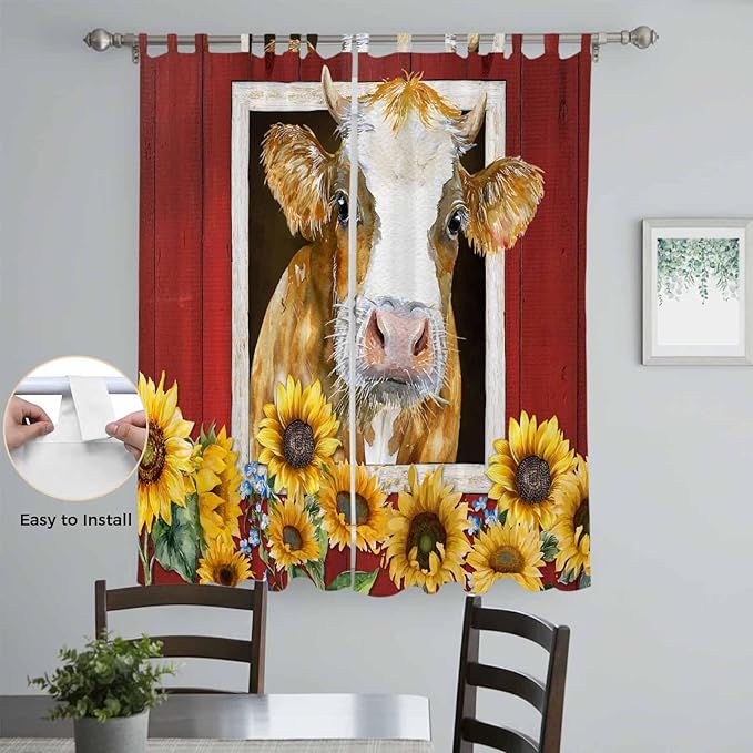 Cows Sunflowers Living Room Curtains 96 Inch Length, Window Curtains Tab Top, Spring Floral Bees Farmhouse Barn Light Filtering Window Treatments Drapes 52"x96" 2 Panel