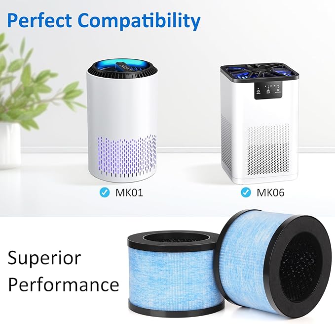 MK06 MK01 True HEPA Replacement Filter Compatible with AROEVE MK01 MK06 and Kloudi DH-JH01 Air Purifier, Standard Version, 2 Pack