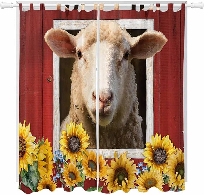 Sheep Sunflower Living Room Curtains 84 Inch Length, Window Curtains Tab Top, Country Red Farm Barn Spring Flowers Light Filtering Window Treatments Drapes 52"x84" 2 Panel