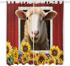 Sheep Sunflower Living Room Curtains 84 Inch Length, Window Curtains Tab Top, Country Red Farm Barn Spring Flowers Light Filtering Window Treatments Drapes 52"x84" 2 Panel