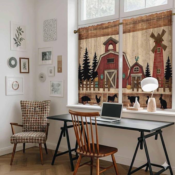 Brown Farmhouse Kitchen Curtains, Vintage Country Animals Wooden Grain Light Filtering Window Curtain Panels, 2Pcs Rod Pocket Window Treatments Set for Cabin Bathroom Bedroom 52x45 Inches