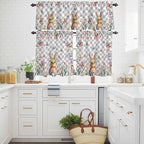 Kitchen Curtains Tiers and Valance Set of 3, Easter Light Filtering Window Curtain Set, Spring Rabbit Butterfly Botanical Florals Grey Plaid Rod Pocket Curtain Drapes for Living Room, 36 Inches Tiers