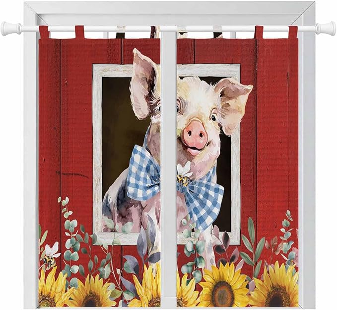 Pig Sunflowers Bathroom Curtains 63 Inch Length, Window Curtains Tab Top, Eucalyptus Leaves Floral Bees Red Barn Light Filtering Window Treatments Drapes 52"x63" 2 Panel