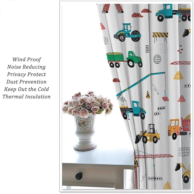 Construction Window Curtains, Kids Cartoon Construction Machines Building Hand Drawn Doodle Rod Pocket Decorative Windows Curtain for Children Teens Room Decor 63x63in (30% Blackout)
