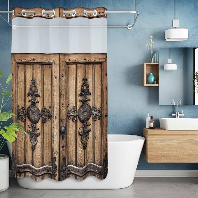 Wood Barn Door No Hook Shower Curtain with Snap in Liner Set, Waterproof Shower Curtains for Bathroom, Wooden Plank Fabric Shower Curtain, See Through Mesh Top Window, 54" W x 78" L