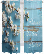Farmhouse Wooden Grain Kitchen Curtains, Vintage Shabby Chic Flower Blue Light Filtering Window Curtain Panels, 2Pcs Rod Pocket Window Treatments Set for Living Room Bathroom Bedroom 52x72 Inches