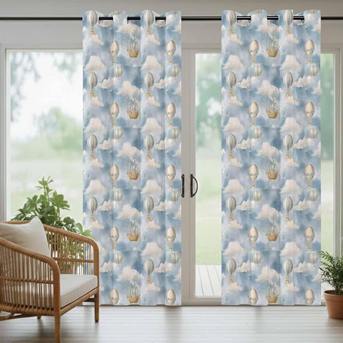 Hot Air Balloons Outdoor Curtains for Patio Fantasy Spaceship Cartoon Vintage Waterproof Outside Curtains with Grommet Top Weatherproof Curtain for Cabana Pergola Gazebo, 2 Pack, 54" W x 84" L