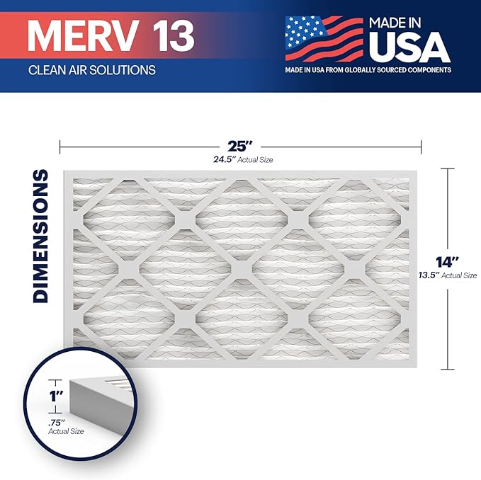 BNX TruFilter 16x25x1 MERV 13 (2-Pack) AC Furnace Air Filter - MADE IN USA - Electrostatic Pleated Air Conditioner HVAC AC Furnace Filters - Removes Pollen, Mold, Bacteria, Smoke
