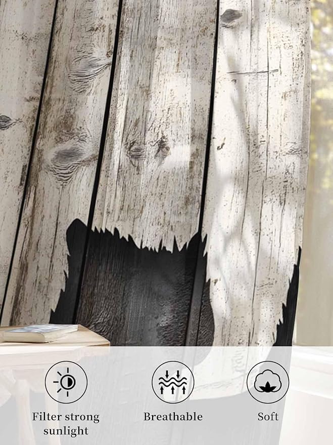 Sheer Curtains 108 Inches Long, Vintage White Brown Bear Semi Sheer Curtains Light Filtering Window Treatment, Retro Country Rustic Wood Grain Privacy Voile Drapes for Living Room Bedroom 52x108 Inch