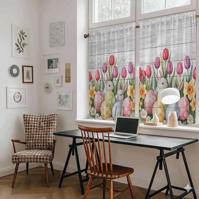 Easter Kitchen Curtains 45 Inch Long 2 Panel Set, Rod Pocket Window Treatment, Retro Spring Bunny Eggs Tulip Farm Wooden Grain Light Filtering Short Curtains & Drapes for Bathroom Laundry 52"W x 45"L