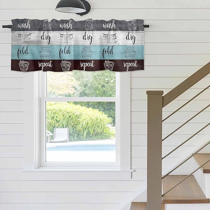 Laundry Rules Valances for Windows, Retro Blue White Wood Board Grain Kitchen Valance Light Filtering Rod Pocket Short Curtains for Kitchen Bathroom, 1 Panel, 42"x18"