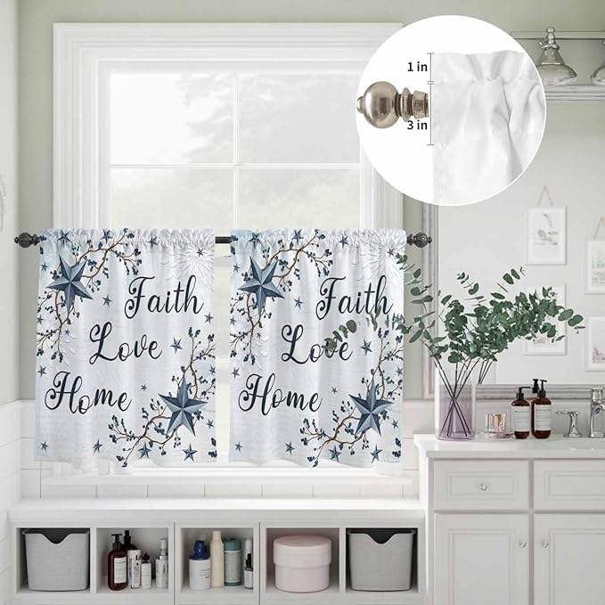 Texas Star Country Kitchen Curtains Set 3 Piece for Windows, Rod Pocket Valance and Tier Set 24 Inch Length, Blue Farmhouse Branches Light Filtering Cafe Curtains for Living Room Bathroom