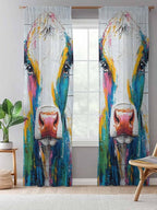 Sheer Curtains 108 Inches Long, Farmhouse Oil Painting Semi Sheer Curtains Light Filtering Window Treatment, Colorful Cow Animal Wooden Grain Privacy Voile Drapes for Living Room Bedroom 52x108 Inch