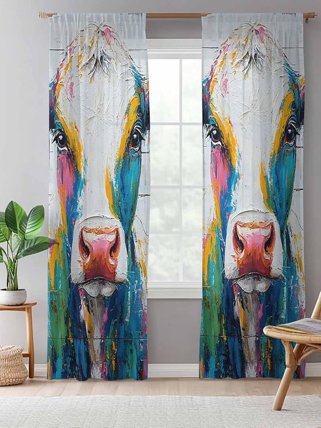 Sheer Curtains 108 Inches Long, Farmhouse Oil Painting Semi Sheer Curtains Light Filtering Window Treatment, Colorful Cow Animal Wooden Grain Privacy Voile Drapes for Living Room Bedroom 52x108 Inch