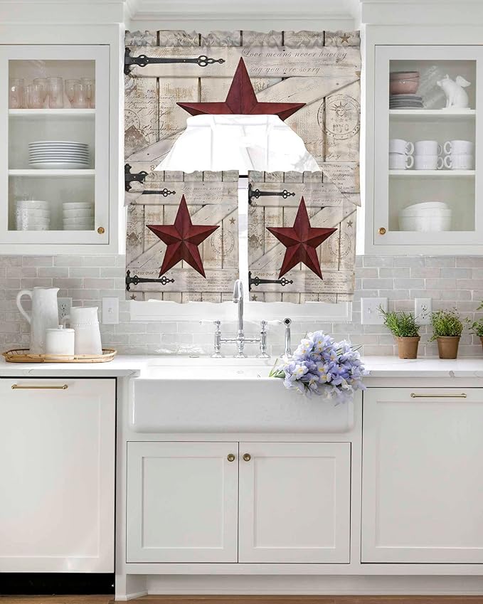 Village Stars Swag Kitchen Curtains Valance and Tier Set, Vintage Dark Red Star Beige Barn Doors Light-Filtering Swag Valance 36 Inch Length, Rod Pocket Short Curtain for Bedroom Cafe