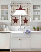 Village Stars Swag Kitchen Curtains Valance and Tier Set, Vintage Dark Red Star Beige Barn Doors Light-Filtering Swag Valance 36 Inch Length, Rod Pocket Short Curtain for Bedroom Cafe