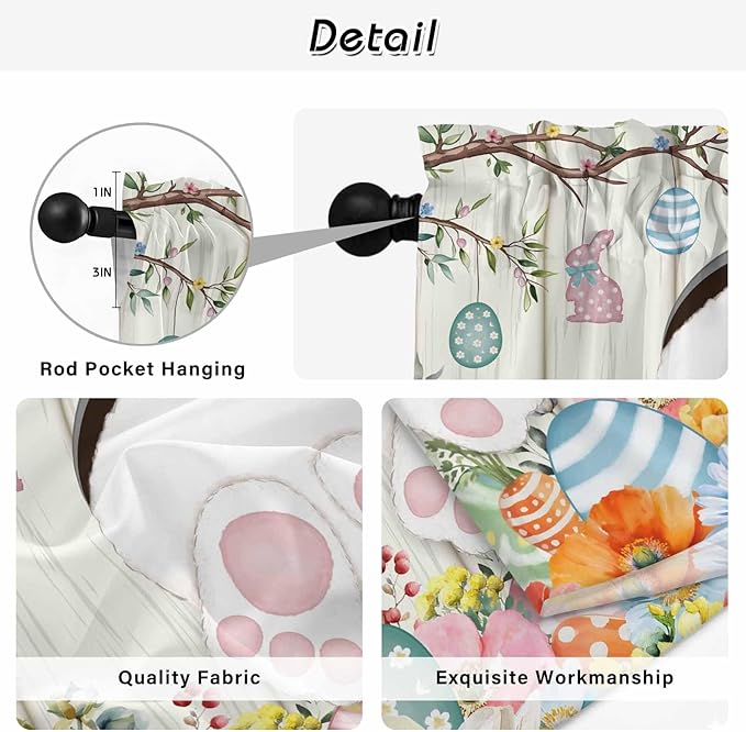 Easter Window Curtains 72 Inch Long 2 Panel Set,Rod Pocket Long Curtains & Drapes,Spring Farmhouse Watercolor Bunny Eggs Wood Grain Light Filtering Window Treatment for Bedroom Living Room 52"W x 72"L