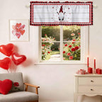 Valentine's Day Valance Curtains for Kitchen, Gnome Red Love Plaid Wood Grain Privacy Rod Pocket Valance Curtain, Light-Filtering Window Treatment for Bedroom Bathroom, 54"x18"