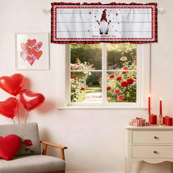 Valentine's Day Valance Curtains for Kitchen, Gnome Red Love Plaid Wood Grain Privacy Rod Pocket Valance Curtain, Light-Filtering Window Treatment for Bedroom Bathroom, 54"x18"