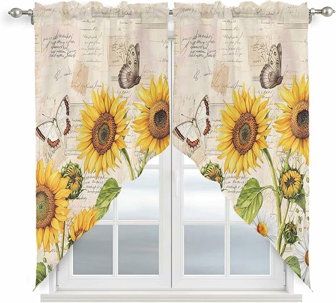 Yellow Sunflowers Swag Valances for Windows, Country Farm Butterfly Flower Light Beige Rod Pocket Kitchen Curtains Valance, Kitchen Window Curtains Swag for Cafe Living Room, 2 Panels, 36x45 inch