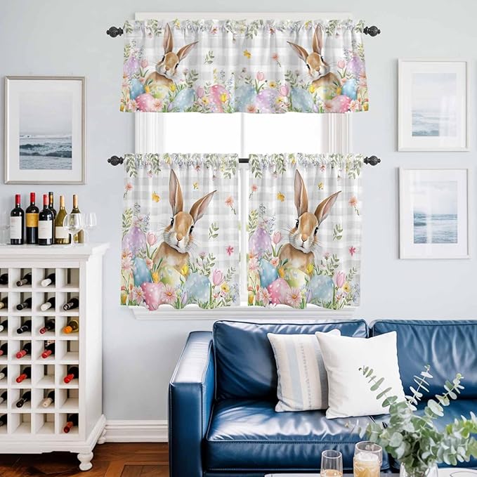 Kitchen Curtains Tiers and Valance Set of 3, Easter Light Filtering Window Curtain Set, Spring Rabbit Eggs Blooms Flowers Leaf Grey Plaid Rod Pocket Curtain Drapes for Living Room, 24 Inches Tiers