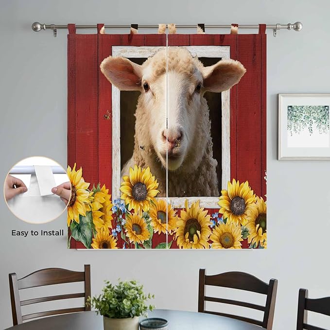 Sheep Sunflower Bedroom Curtains 72 Inch Length, Window Curtains Tab Top, Country Red Farm Barn Spring Flowers Light Filtering Window Treatments Drapes 52"x72" 2 Panel
