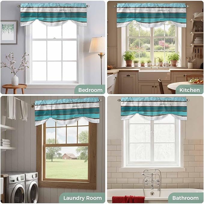 Turquoise Teal Tie Up Valance Curtains for Windows, Kitchen Curtains Window Shades, Farmhouse Retro Ombre Wooden Grain Light Filtering Roman Curtain Valances for Bedroom/Bathroom/Cafe 42"x12"