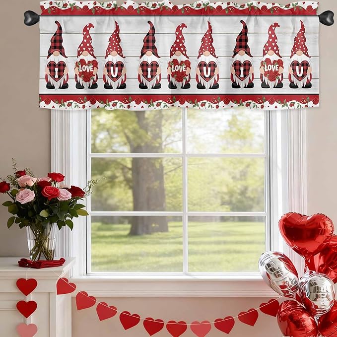 I Love U Valance Curtains for Kitchen, Valentine's Day Dwarf Romantic Wood Grain Privacy Rod Pocket Valance Curtain, Light-Filtering Window Treatment for Bedroom Bathroom, 60"x14"