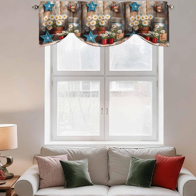 Country Flower Tie Up Valance for Window, Western Texas Star Butterfly Barn Door Adjustable Balloon Window Shade Valance Curtain for Kitchen Cafe Bathroom Window Treatment Panel 42''x18''