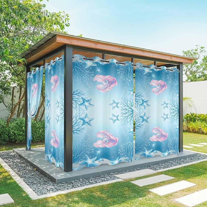 Ocean Shell Outdoor Curtains for Patio Corals Starfish Summer Marine Waterproof Outside Curtains with Grommet Top Weatherproof Curtain for Cabana Pergola Gazebo, 1 Panel, 54" W x 95" L