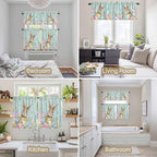 Kitchen Curtains Tiers and Valance Set of 3, Easter Light Filtering Window Curtain Set, Spring Rabbit Eggs Flowers Leaf Green Wooden Plank Rod Pocket Curtain Drapes for Living Room, 36 Inches Tiers