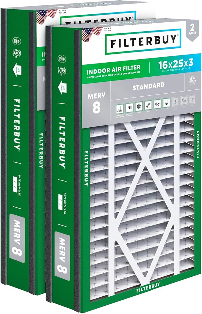 Filterbuy 16x25x3 Air Filter MERV 8 Essential Dust & Allergy Defense (2-Pack), Electrostatic Pleated HVAC AC Furnace Filters for Trion Air Bear, Lennox X0581 & More (Actual Size: 15.63 x 24.13 x 3.00)