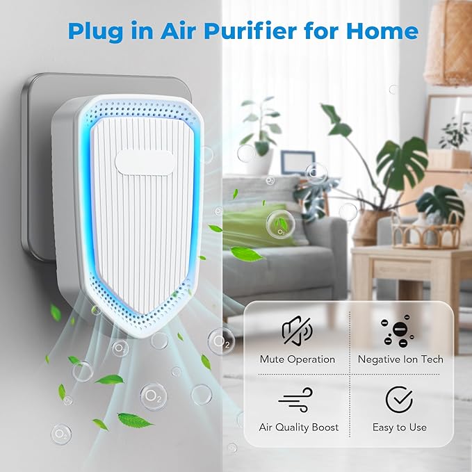 Air Ionizers Plug In Negative Ion Air Purifiers Quiet Air Freshener for Home Bedroom Office Basement - Portable Mini Air Cleaner Odor, Smoke, Dust, Pet Smell (2, White)