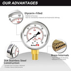0-300 PSI Heavy-Duty Pressure Gauge, 2-Inch, Glycerin-Filled, Stainless Steel, 1/4" NPT Lower Mount, Shock-Resistant, Waterproof Pressure Meter for Oil Systems, Water Pumps, HVAC Applications